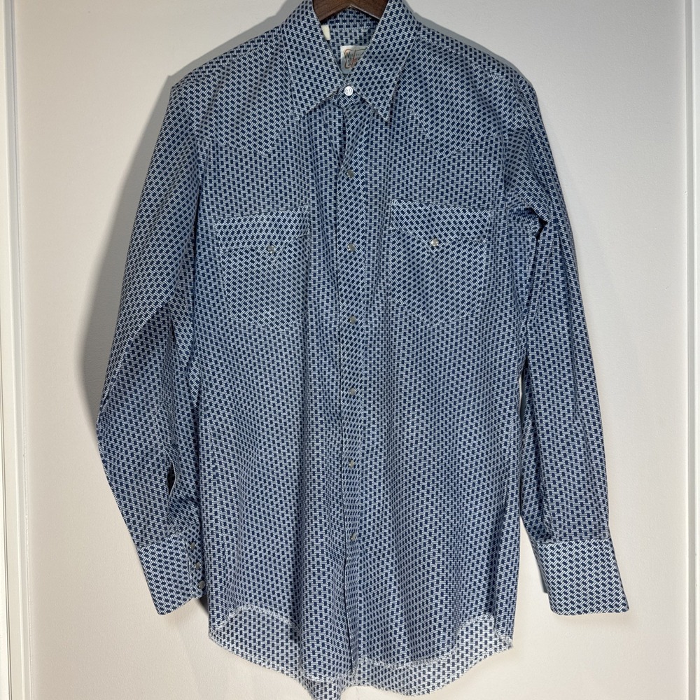 1970s Pearl Snap Shirt Western Fashions Cowboy VTG SLIM BLUE Plaid Mens SZ L EUC